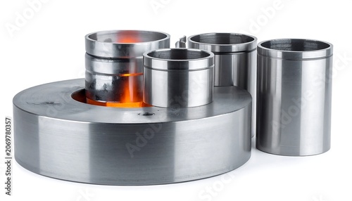 A stainless steel device is lit from within, with a circular base, a central cylinder and several cylindrical attachments