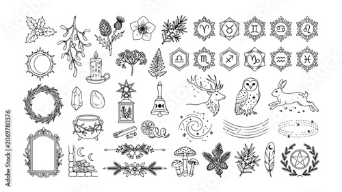 Konstfotografi Mystical hand-drawn vector elements, a celestial and nature-inspired collection for witchcraft and magic designs