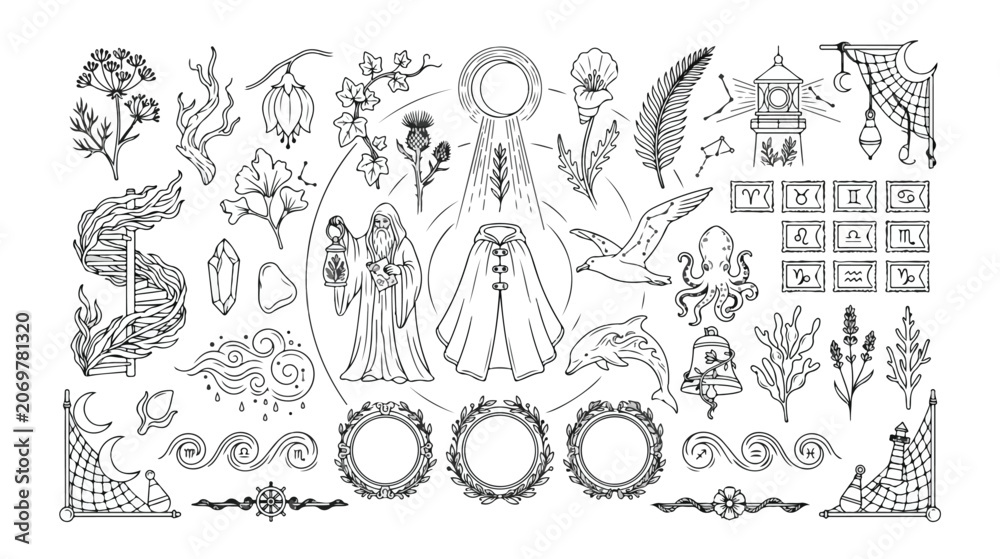 Obraz premium Mystical hand-drawn vector elements, a celestial and magical design kit, spiritual and esoteric illustrations for witchcraft and fantasy themes, black and white line art collection.