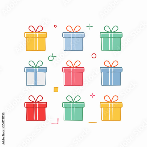 Colorful Gift Box Icon Set for Festive Celebration and Holiday Greeting Designs Featuring Various Wrapped Present Illustrations