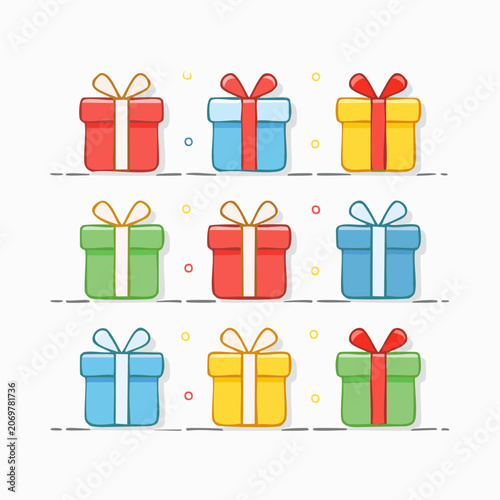 Vibrant Assortment of Festive Gift Boxes with Ribbons and Bows in a Grid Layout