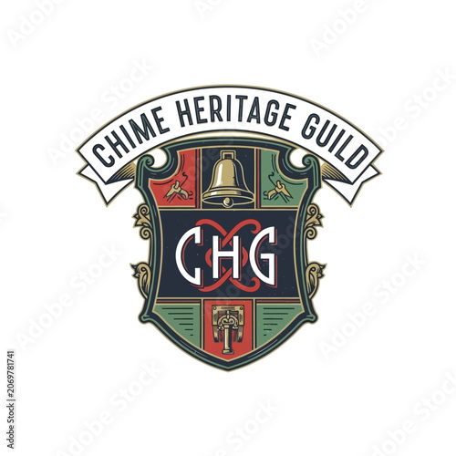 Canvastavla Chime heritage guild coat of arms with bell and heraldic symbols.