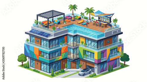 Colorful Modern Multi Level Building Architecture.
