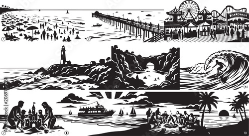 Photography A collection of ten black and white depicting coastal summer activities, includi