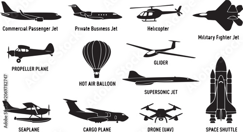 Fotografie A collection of twelve black silhouette representing various aircraft including