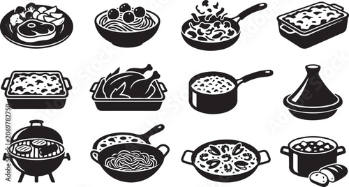 Φωτογραφία A collection of twelve black and white food featuring various dishes including s