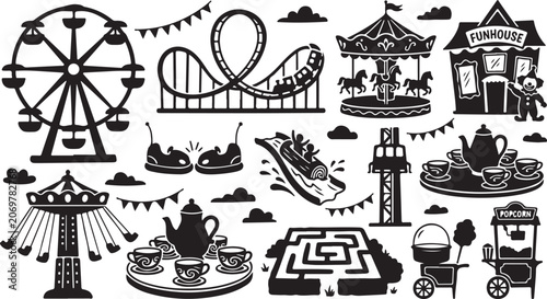 Bild auf Leinwand Black and white amusement park set featuring a ferris wheel, roller coaster, car