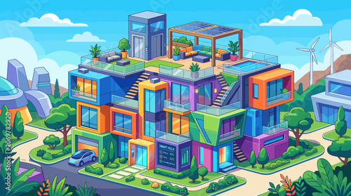 Colorful modern residential apartment building.