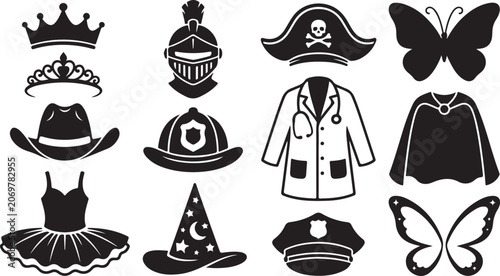Foto Collection of black silhouette representing various costumes and accessories, in