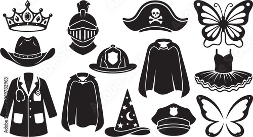 Foto Collection of black silhouettes representing various costumes and accessories, i