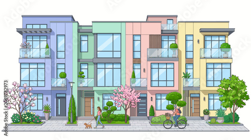 Colorful modern residential apartment buildings.