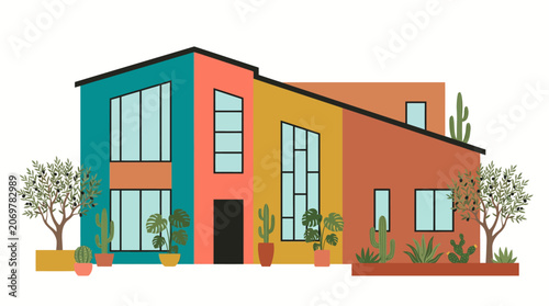 Colorful Modern Residential House Exterior.