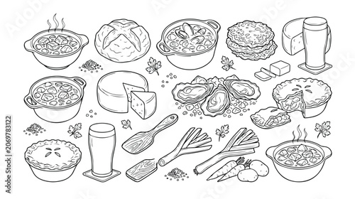 Fotografía Traditional Irish food and drink vector collection, a hearty feast of classic cuisine, rustic pub fare, and fresh ingredients, perfect for St