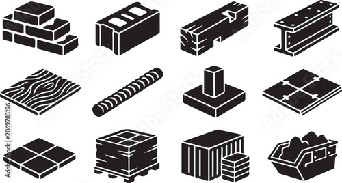 Obraz na płótnie Set of black isometric construction including bricks, wooden beams, steel girder