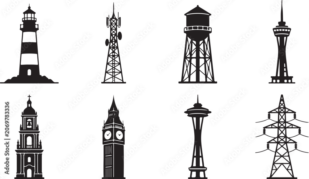 Obraz premium Set of eight black silhouette featuring various towers, including a lighthouse, communication mast, water tank, observation tower, clock tower, and an electrical power transmission pylon