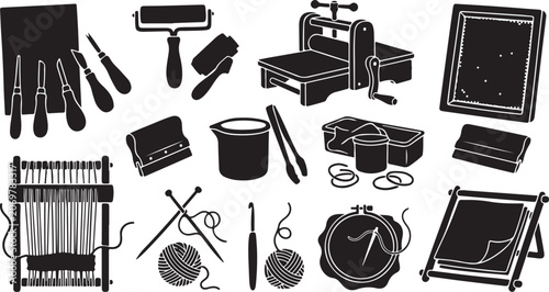 Fotografie Set of black silhouette representing traditional craft tools, including printmak