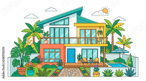 Colorful Modern Tropical House Exterior Design.