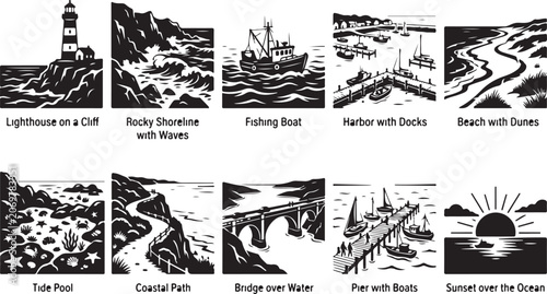 Schilderij op canvas Set of ten black and white coastal landscape featuring a lighthouse, fishing boa