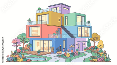 Colorful Multi Level Modern House Building.
