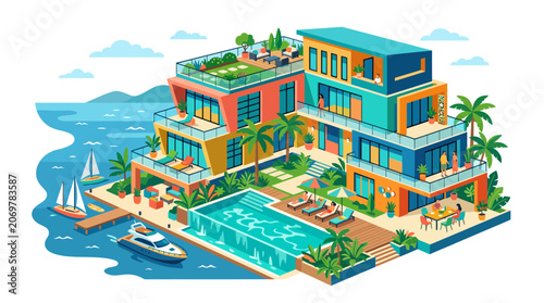 Colorful multi level oceanfront resort building.