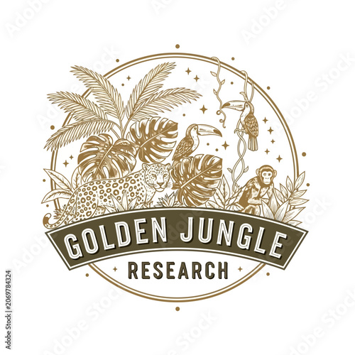 Photography Golden Jungle Research tropical wildlife emblem with leopard and toucan