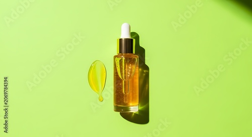 Golden serum bottle with dropper and cosmetic drop on green background with shadows
