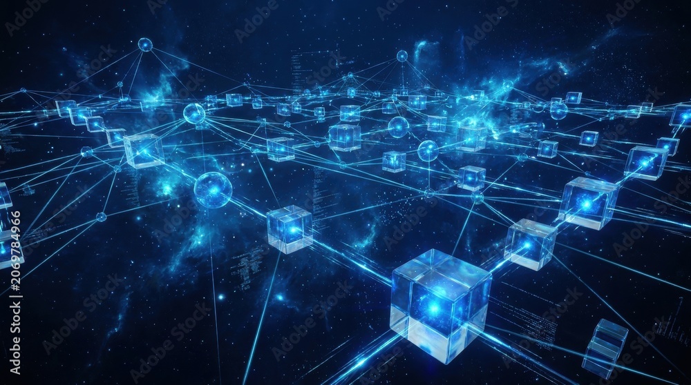 Fototapeta premium Digital Network Grid: A glowing network of interconnected digital nodes and data streams forms a complex, futuristic grid, representing the vastness of information and connectivity in the digital age.