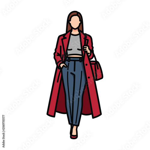 Fashionable Woman Wearing Red Coat and Blue Trousers in Flat Style