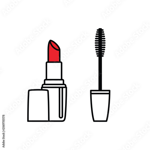 Cosmetic Icons Set Featuring Red Lipstick and Mascara Brush Illustration