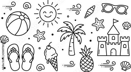 Bild auf Leinwand Summer Beach Doodle Icon Set with Sun Palm Tree Sandcastle Beach Ball and Ice Cr