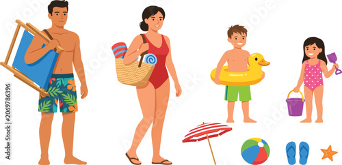 Konstfotografi Happy family with children holding beach gear and accessories for summer vacatio