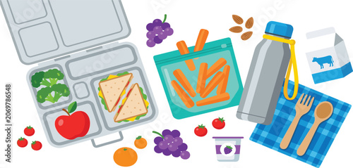 Tableau sur toile Healthy school lunch box with sandwich apple carrots water bottle and snacks vec