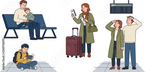 Foto Passengers waiting at the airport terminal and checking flight board vector char