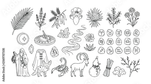 Konstfotografi Mystical hand-drawn vector elements, esoteric astrology and zodiac symbols, magi