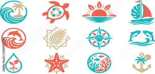 Φωτογραφία Tropical beach ocean wave and marine life eco friendly line art logo icon vector