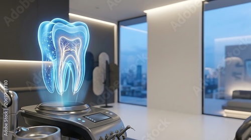 Futuristic dental clinic featuring a glowing blue holographic tooth