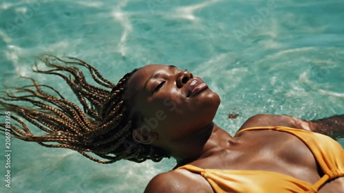 Serene Black woman with braids floating in clear blue pool water during summer vacation