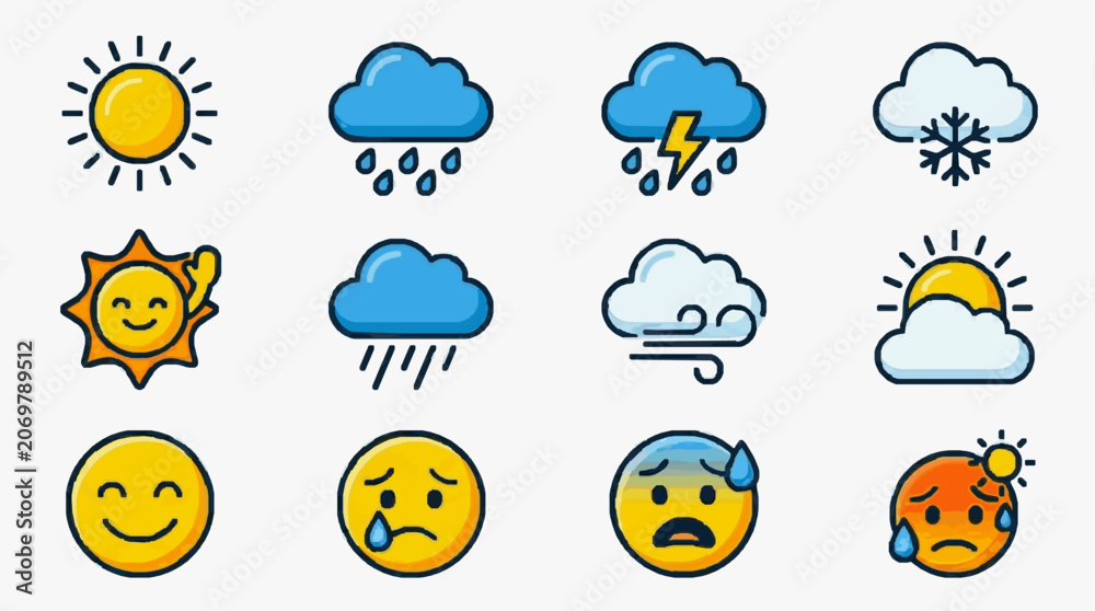 Obraz premium Creative Colorful Weather Icons with Emoji Faces Sunny Rainy Stormy Snowy and Mixed Weather Expressions
