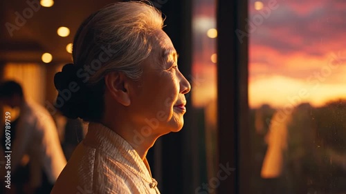 Serene senior Asian woman looking out of a window at a vibrant orange sunset in a modern home during golden hour