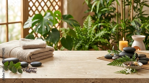 Spa massage table with hot stones towels and green plants in a relaxing wellness center interior with soft lighting