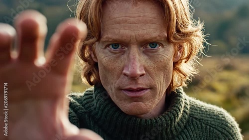 Serious redheaded man with blue eyes and freckles reaching his hand toward camera in a natural outdoor field at sunset