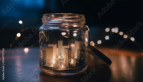 Miniature glowing city inside glass jar with bokeh lights at night