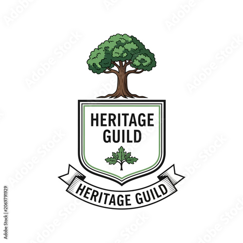 Foto Heritage guild emblem with stylized tree shield.