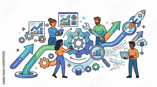 Colored illustration of business people working with growing graphs and gears
