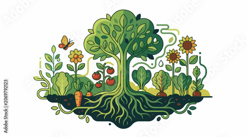 A vibrant cartoon illustration of a tree with sprawling roots and lush green leaves surrounded by an assortment of color
