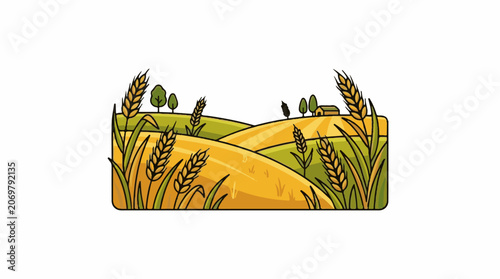 A cartoon landscape of rolling hills with golden wheat and green grass