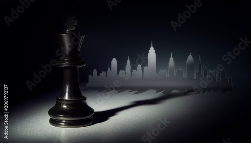 Black chess king casting city skyline shadow on dramatic dark surface
