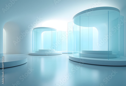 Futuristic Glass Pod Podium – Abstract Blue Cyber Exhibition Booth Background