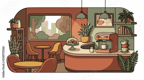 Cozy cafe interior with furniture plants.