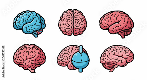A collection of six cartoon-style brain illustrations